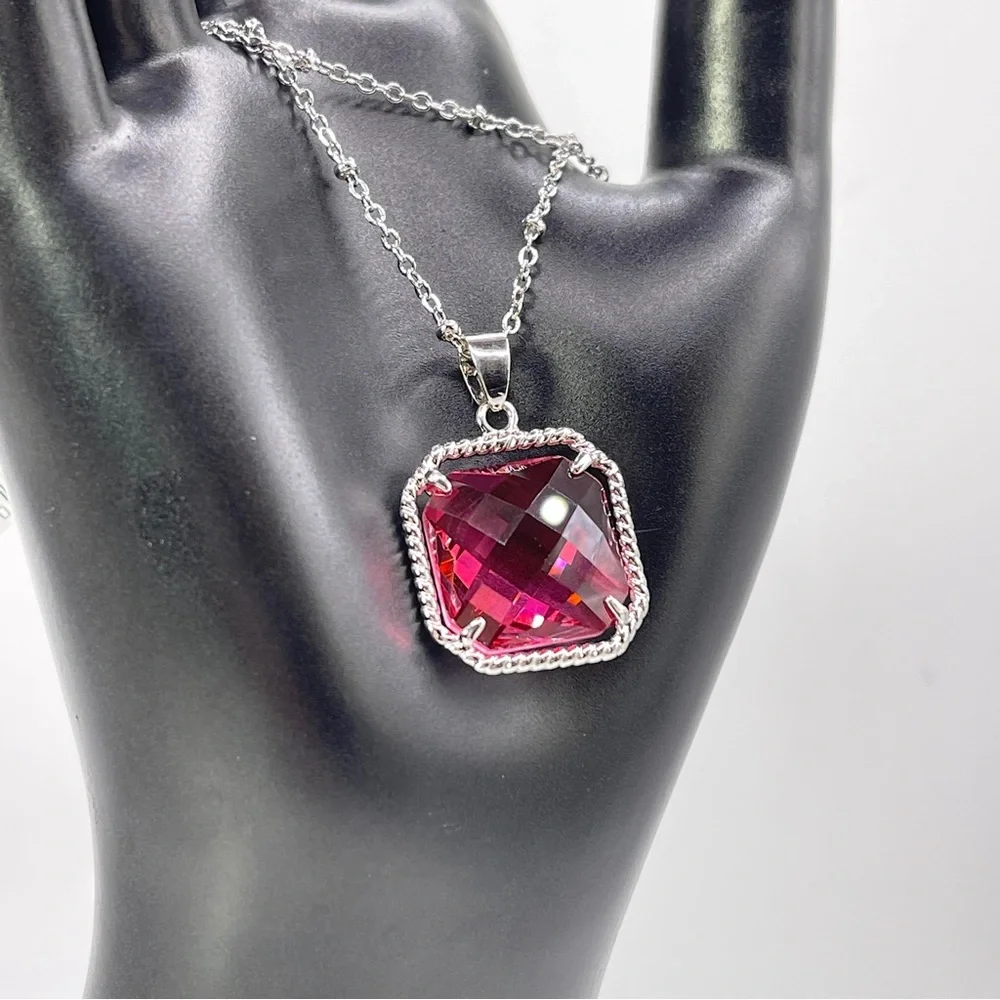 Faceted Pink Simulated Gemstone Necklace - Rhodium Plated Jeweled Pendant - NEW